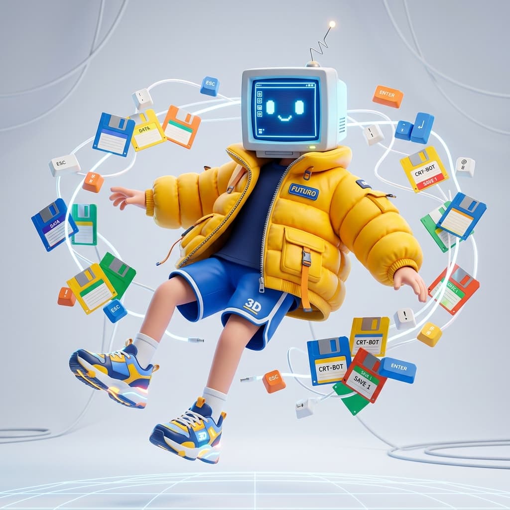 Futuristic 3D motion character with advanced visual effects and particle simulation